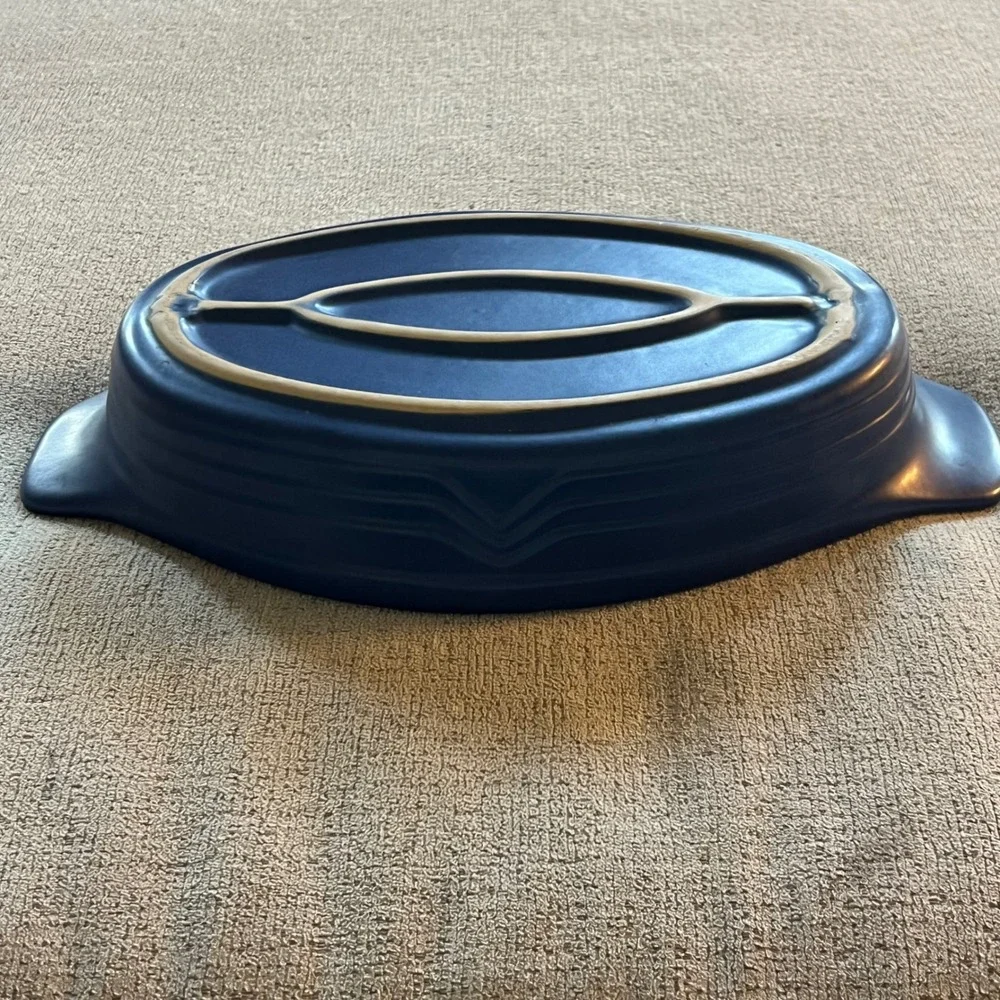 Vintage Cobalt Blue Cream Oval Stoneware Au Gratin Baking Dish Ceramic 13.5 Inch